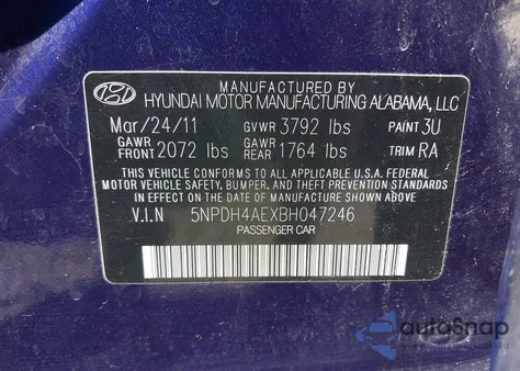 2011 Hyundai Elantra Gls from USA, damaged, VIN 5NPDH4AEXBH047246